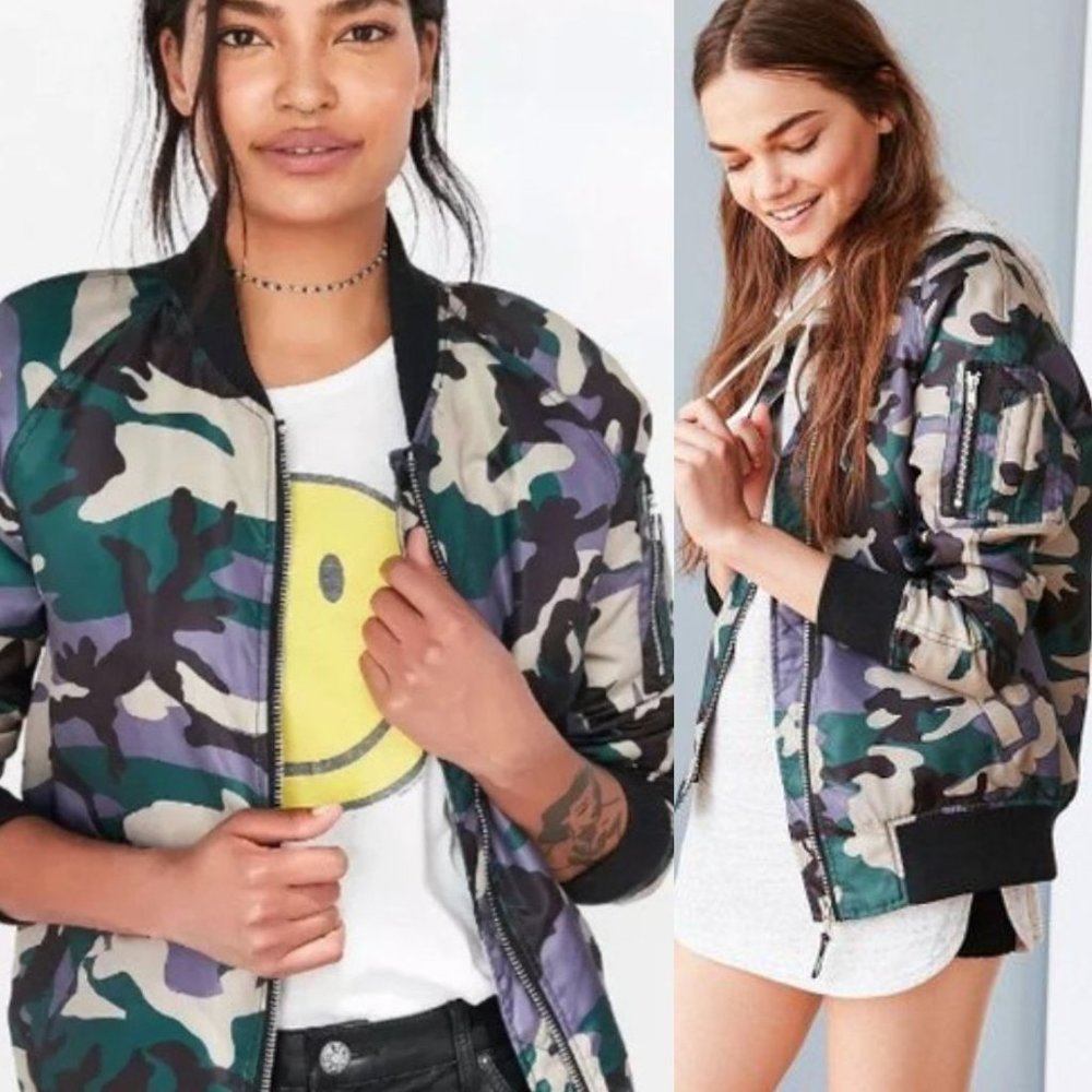 ANTHRO x SILENCE + NOISE Rita Camouflage Lightweight Bomber Jacket MEDIUM Satin - Picture 4 of 13